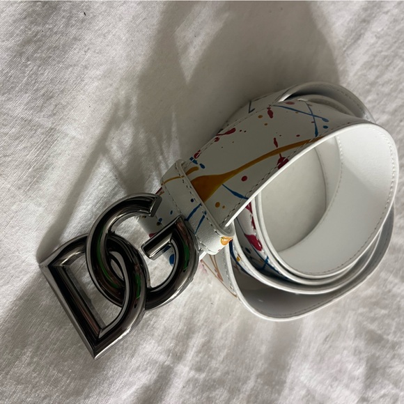 Dolce & Gabbana White Belt with Multicolor Splatter and Silver Buckle - Picture 1 of 5